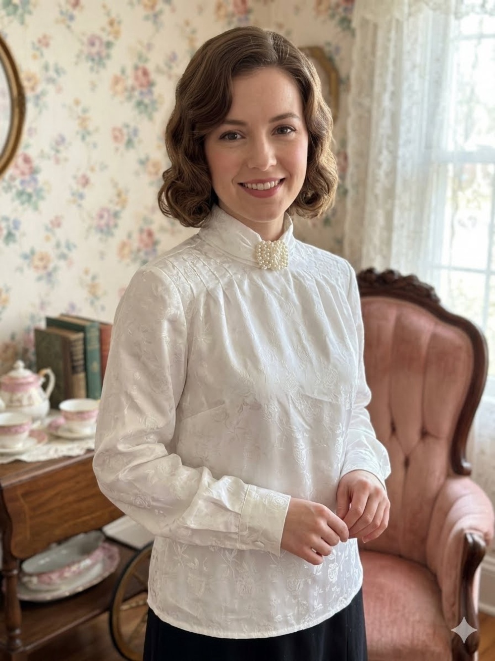 VTG Notations Petite White Satin Jacquard Pleated Pearl Blouse 2P